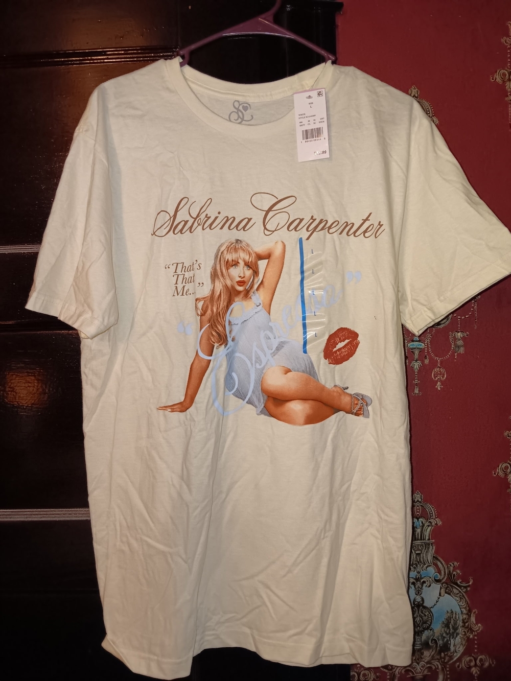 Cream Sabrina Carpenter Graphic Tee with Blue Accents (Price Is Firm)